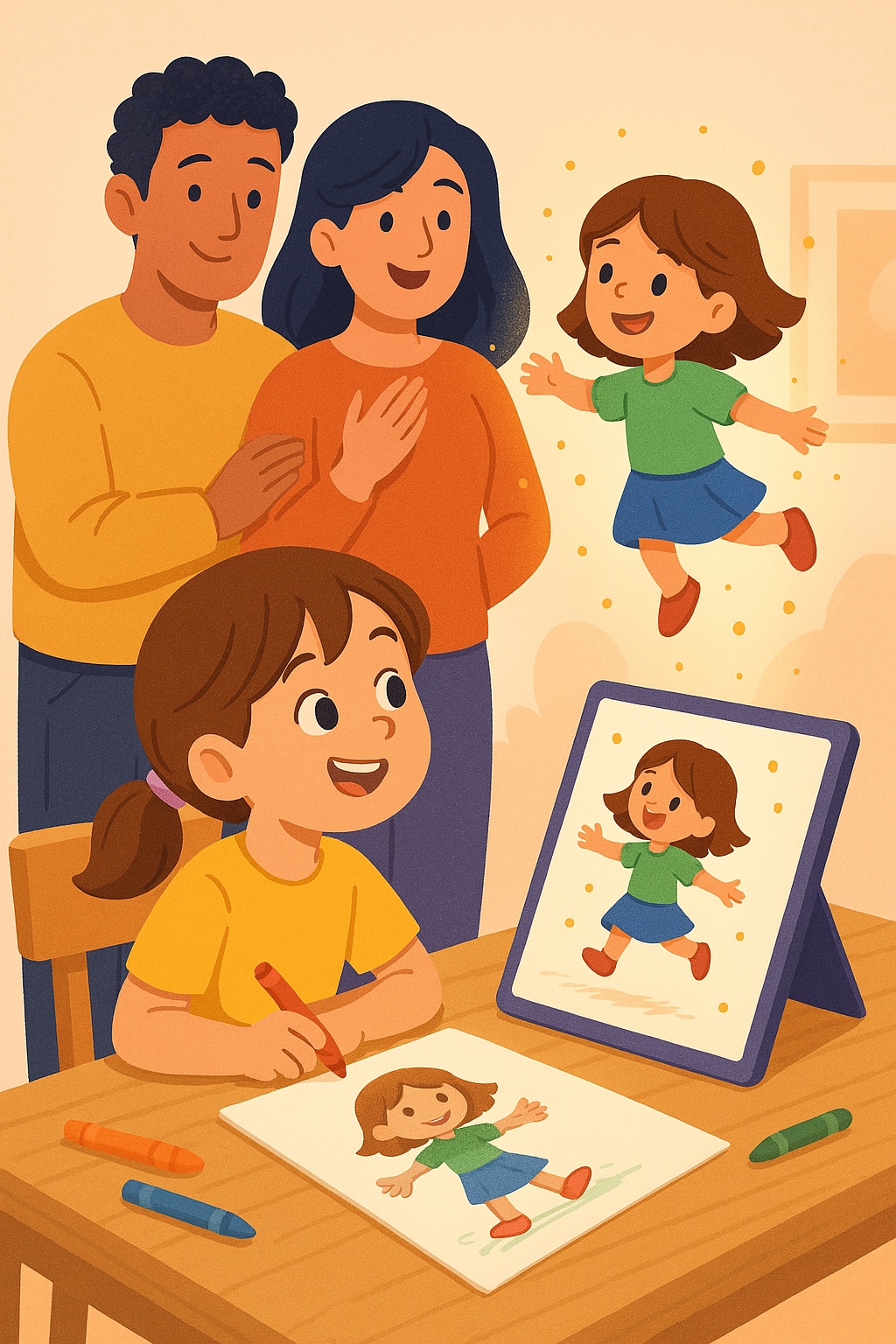 دختر بچهای که نقاشیاش به کمک هوش مصنوعی جان گرفته، در کنار والدینش با شادی نقاشی خود را به صورت انیمیشن میبیند