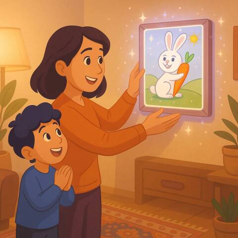 قاب جادویی با انیمیشن نقاشی کودک در خانهای گرم و صمیمی مادر و فرزند در حال تماشای قاب جادویی هستند که نقاشی کودک را به صورت انیمیشن زنده نمایش میدهد