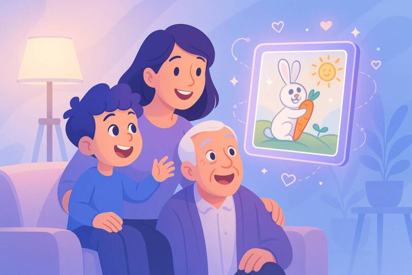 نمایش نقاشی کودک با انیمیشن واقعیت افزوده در قاب جادویی خانوادهای در حال تماشای نقاشی کودک که با واقعیت افزوده به صورت انیمیشن زنده نمایش داده شده است