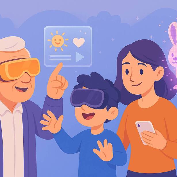 تجربه واقعیت افزوده و مجازی توسط کودک، بزرگسال و سالمند در قاب جادویی پدربزرگ، کودک و مادر در حال استفاده از فناوری واقعیت افزوده و واقعیت مجازی به شکل کارتونی و دوستانه
